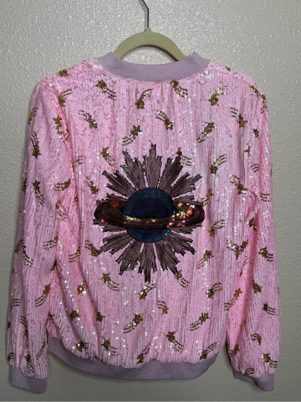lola Pink Sequin Bomber with Planet Embroidery